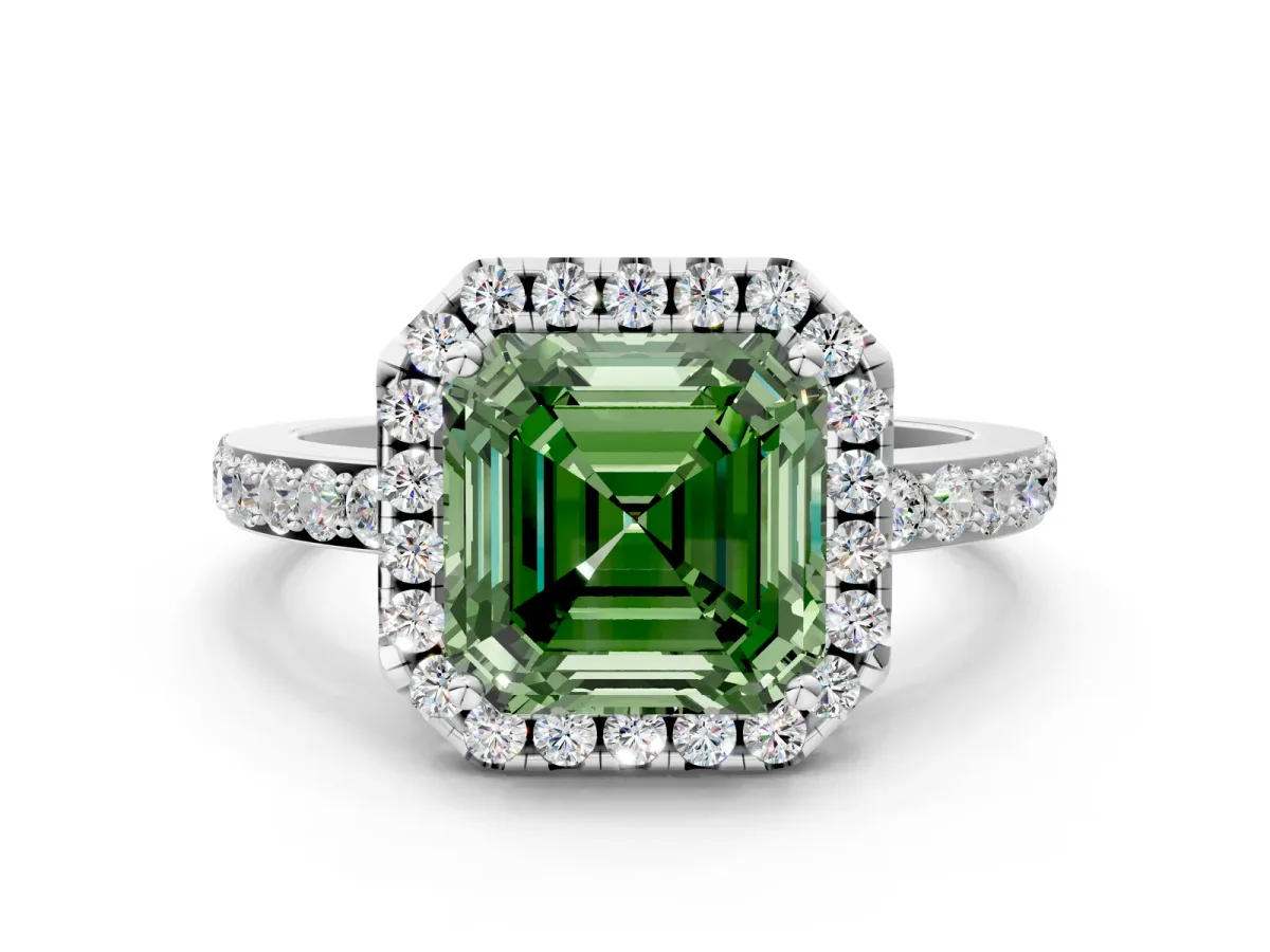 Fancy Green Asscher Cut Halo Diamond Pavé Band Ring with Prong Setting Silver