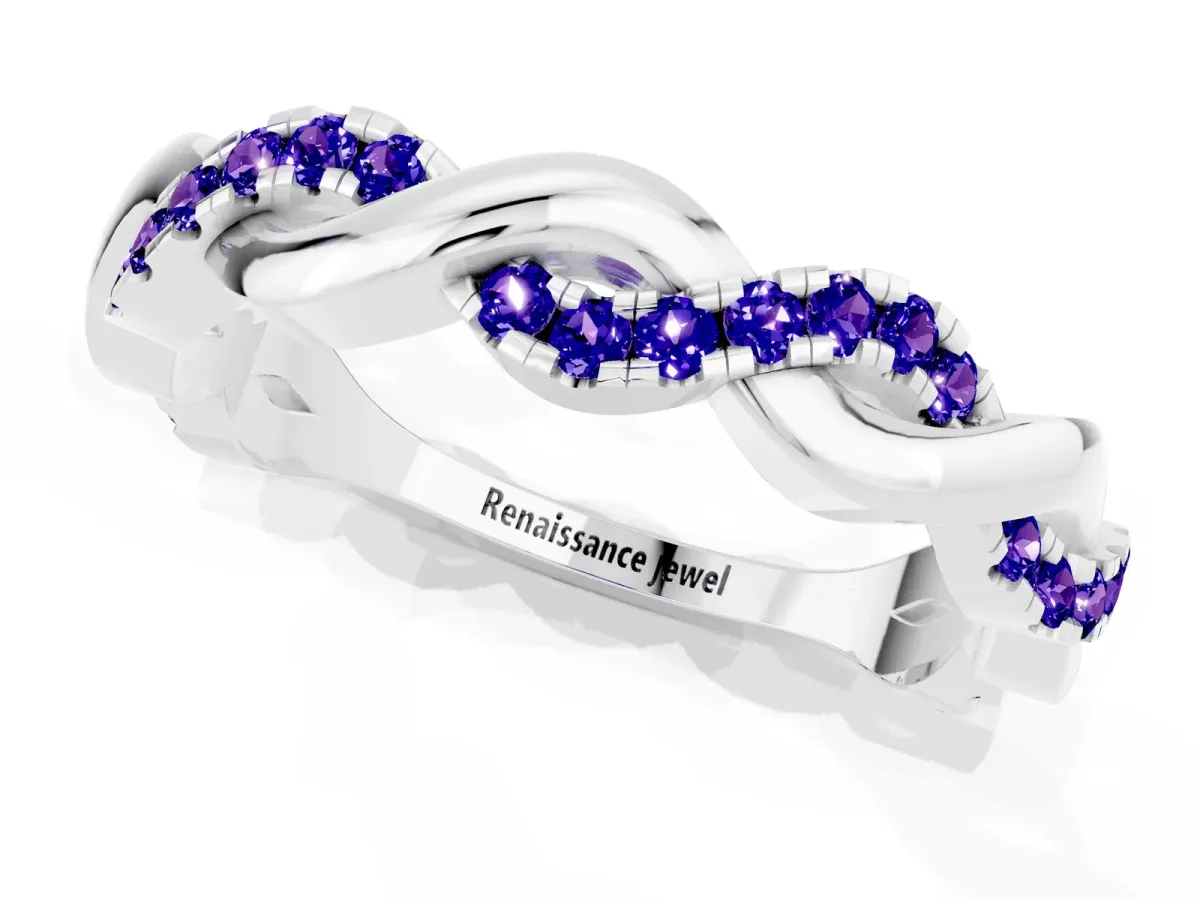 Pavé Round Tanzanite Twist Eternity Band with Shared Prong Setting Silver