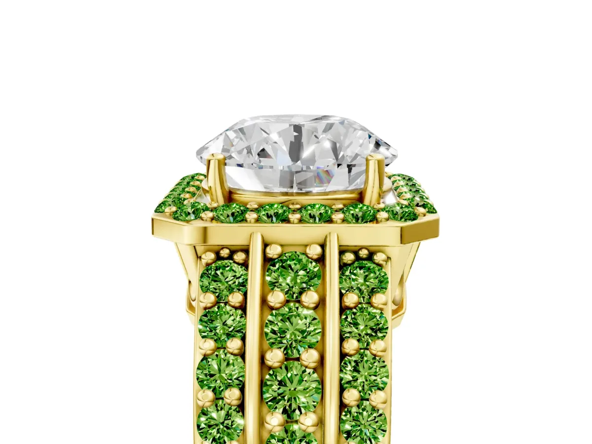 Round Cut Halo Diamond Ring with Round Peridot Split Shank and Prong Setting Yellow gold