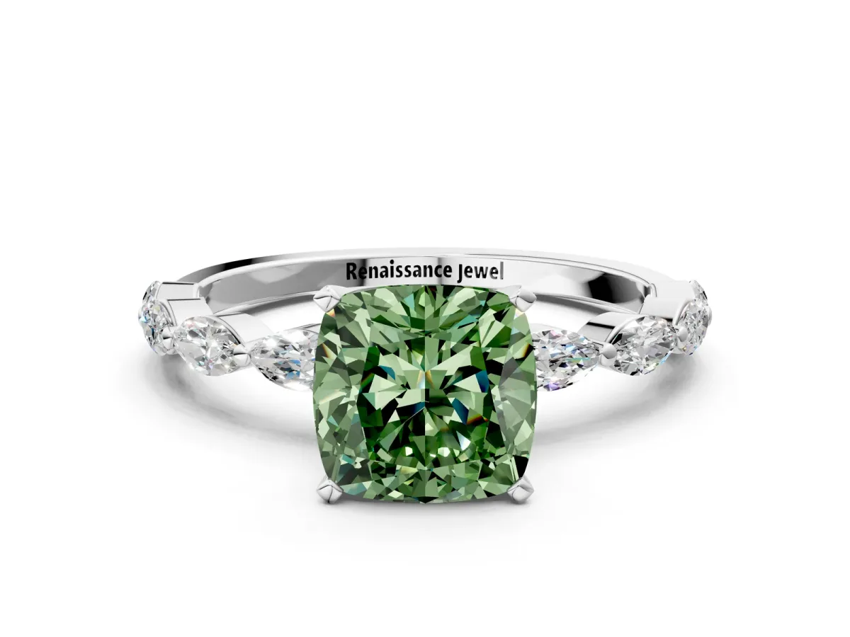 Fancy Green Cushion Cut Diamond Ring with Marquise Side Stones and Prong Setting Platinum