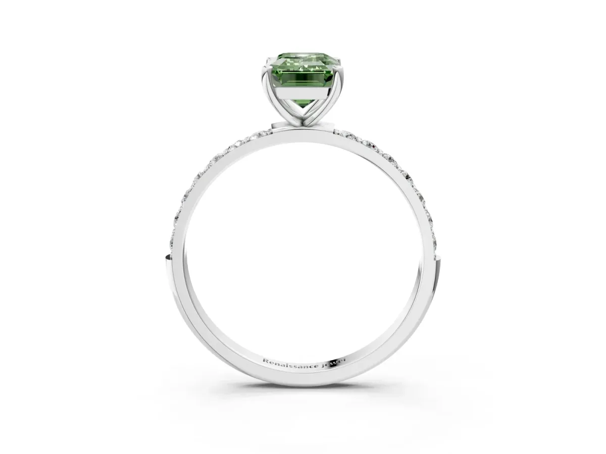 Fancy Green Emerald Cut Diamond Solitaire Ring with Round Pavé Shoulders and Prong Setting Silver
