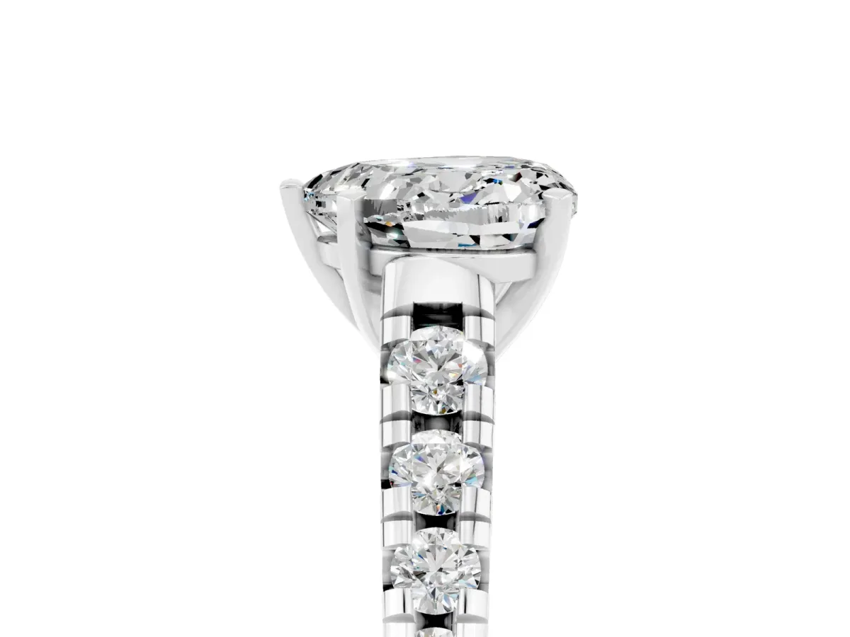 Heart Cut Moissanite Cathedral Solitaire Ring with Round Pavé Band Silver