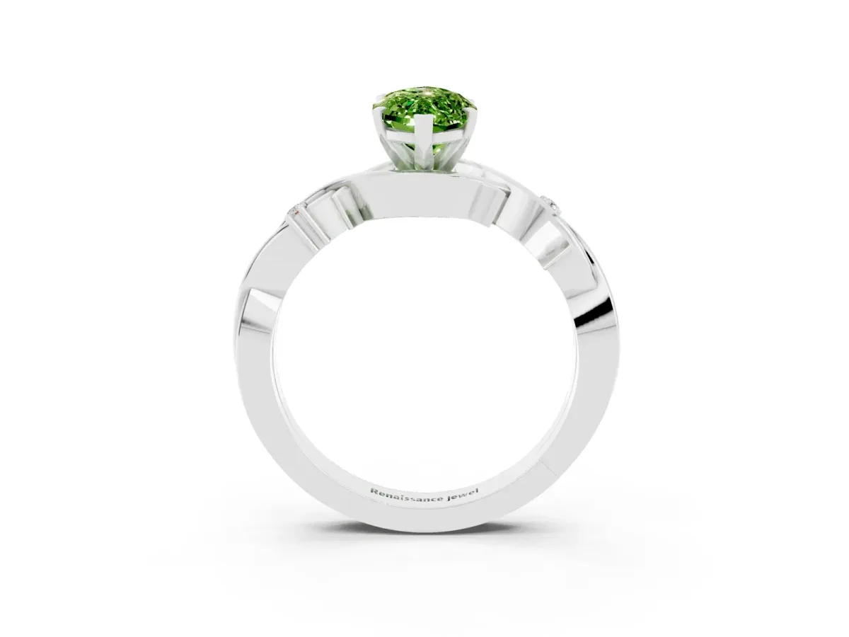 Marquise Cut Peridot Solitaire Ring with Milgrain Pavé Band and Four-Prong Setting Silver