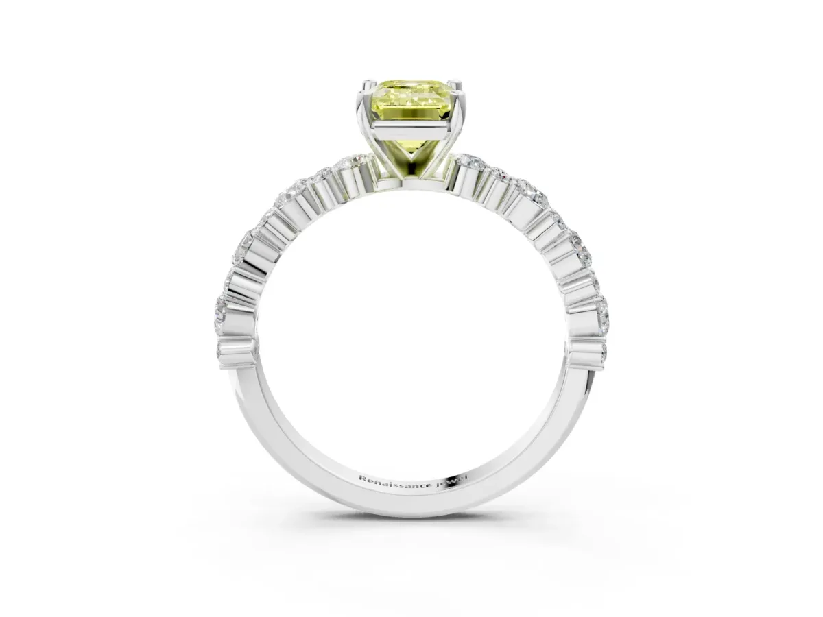Fancy Yellow Emerald Cut Diamond Side Stone Solitaire Ring with Round and Four-Prong Setting Platinum