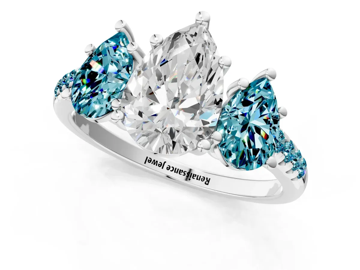 Three-Stone Pear Cut Diamond Ring with Round Blue Topaz Pavé Band and Prong Setting Silver