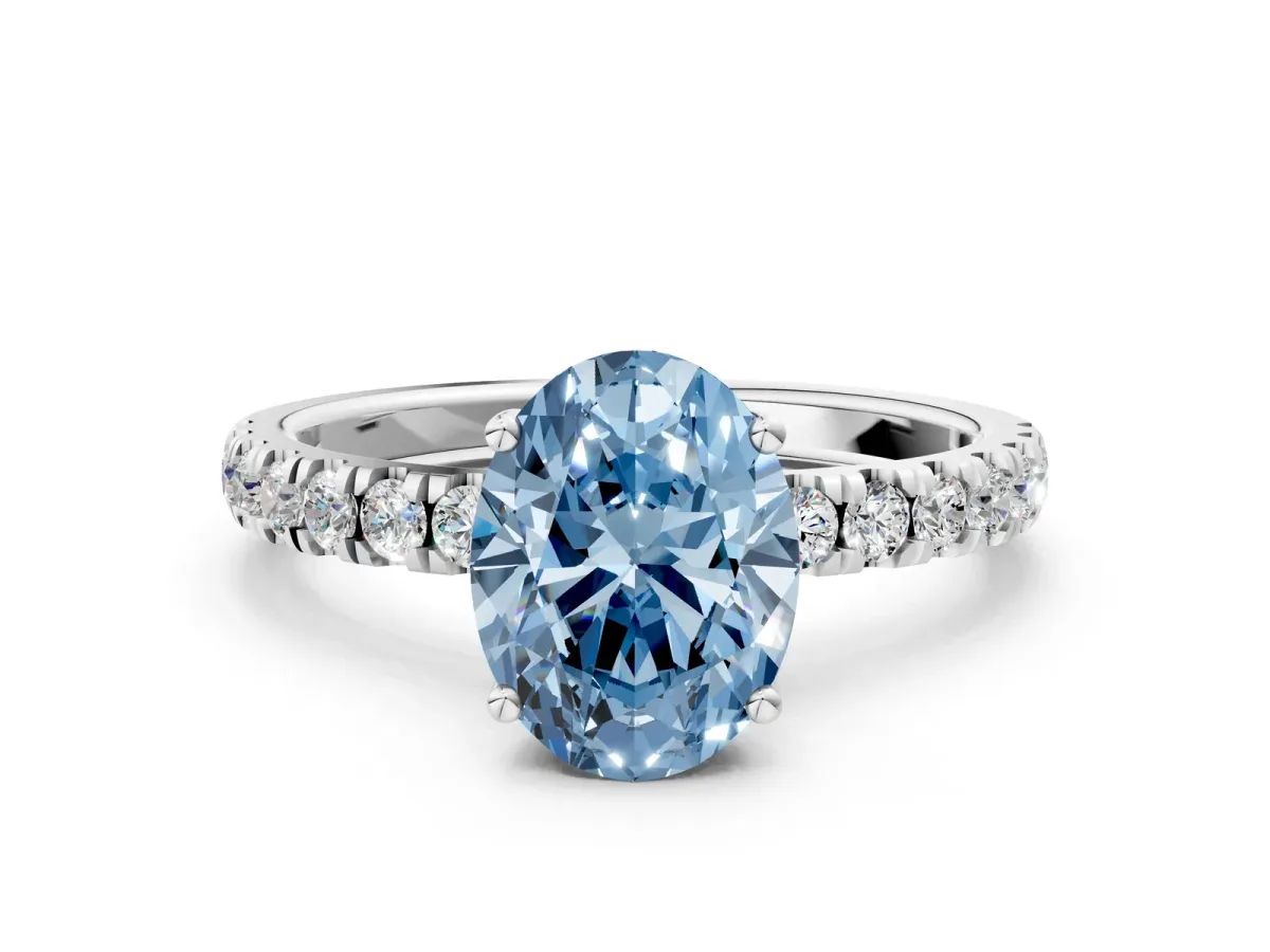 Fancy Blue Oval Cut Diamond Pave Band Solitaire Ring with Round and Prong Setting Platinum
