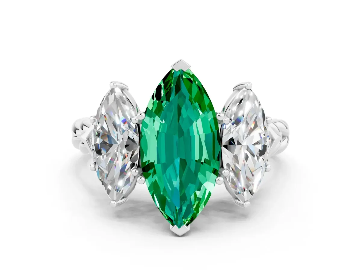 Three-Stone Marquise Cut Emerald Braided Band Ring with Four-Prong Setting White gold