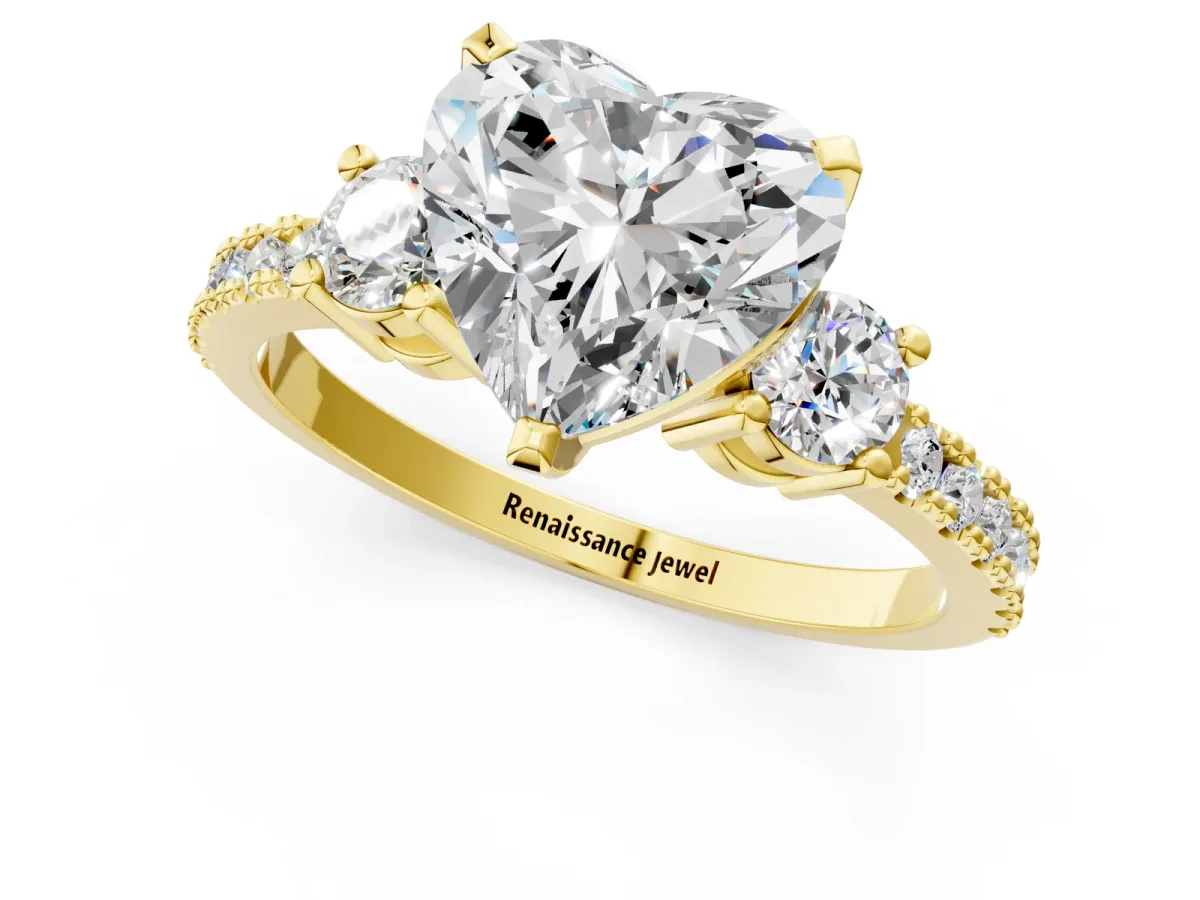 Heart Cut Cut Three-Stone Diamond Pavé Band with Prong Setting Yellow gold