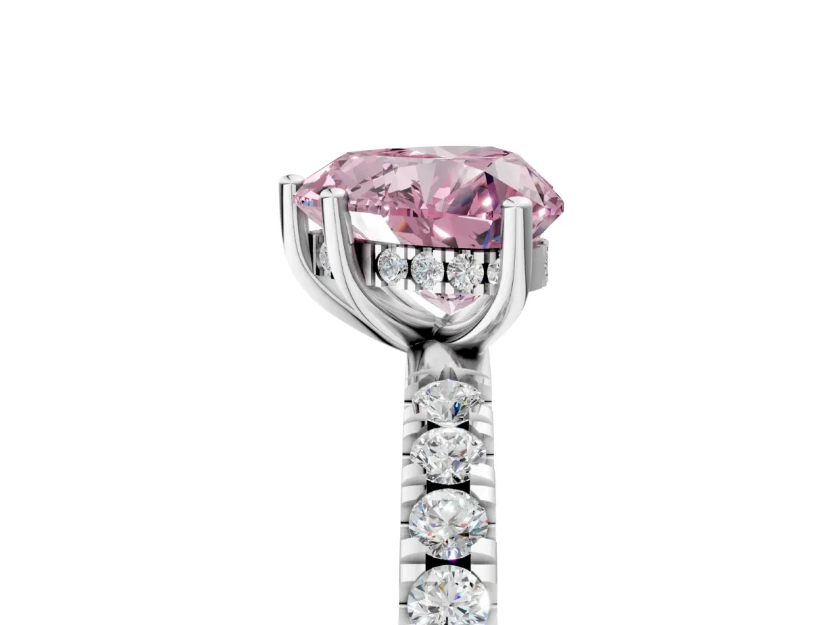Fancy Pink Heart Cut Diamond Pave Band Solitaire Ring with Round and Prong Setting Silver