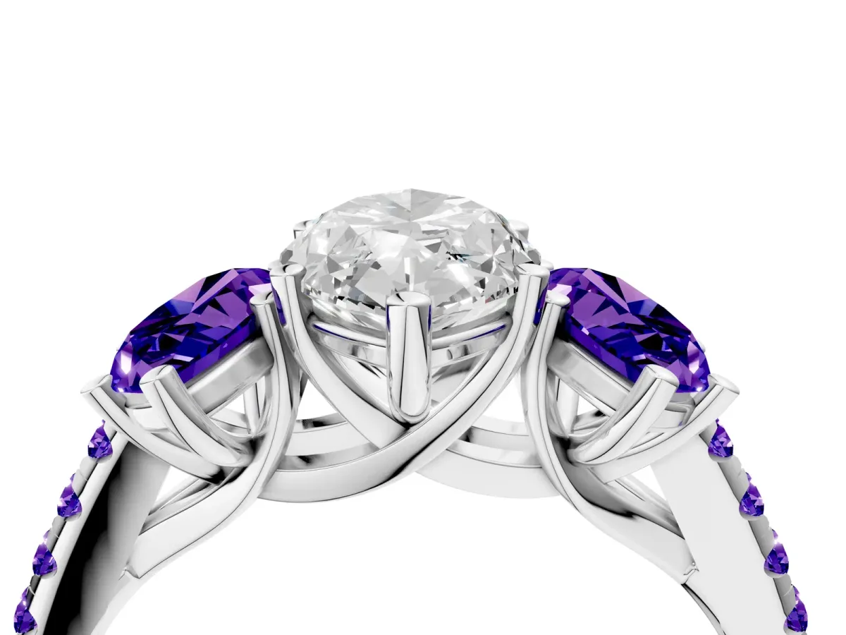 Three-Stone Marquise Cut Diamond Ring with Round Tanzanite Pavé Band and Prong Setting Silver