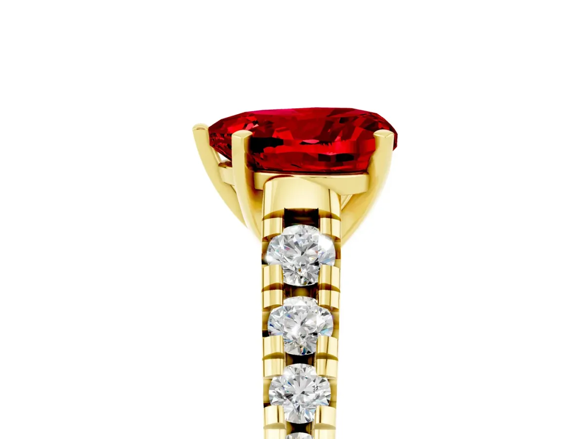 Heart Cut Ruby Cathedral Solitaire Ring with Round Pavé Band Yellow gold