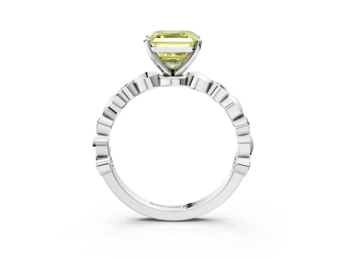 Fancy Yellow Asscher Cut Solitaire Bezel-Set Diamond Ring with Beaded Band and Four-Prong Setting Platinum