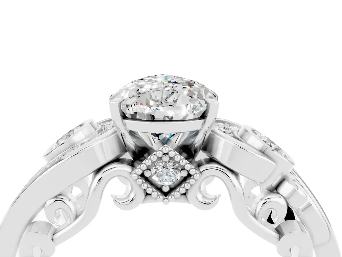 Pear Cut Moissanite Solitaire Ring with Milgrain Pavé Band and Four-Prong Setting Silver