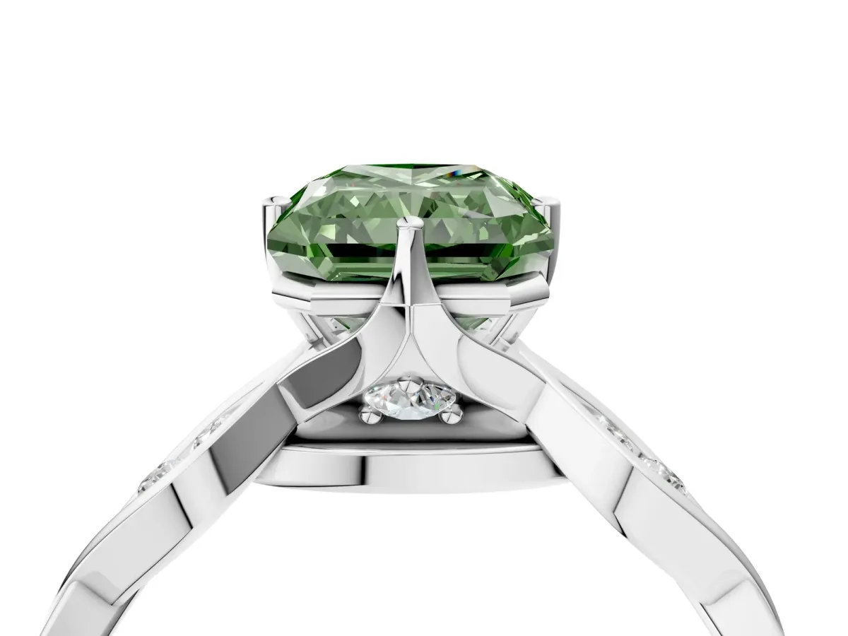 Fancy Green Radiant Cut Solitaire Twist Band with Leaf Prong Setting Platinum