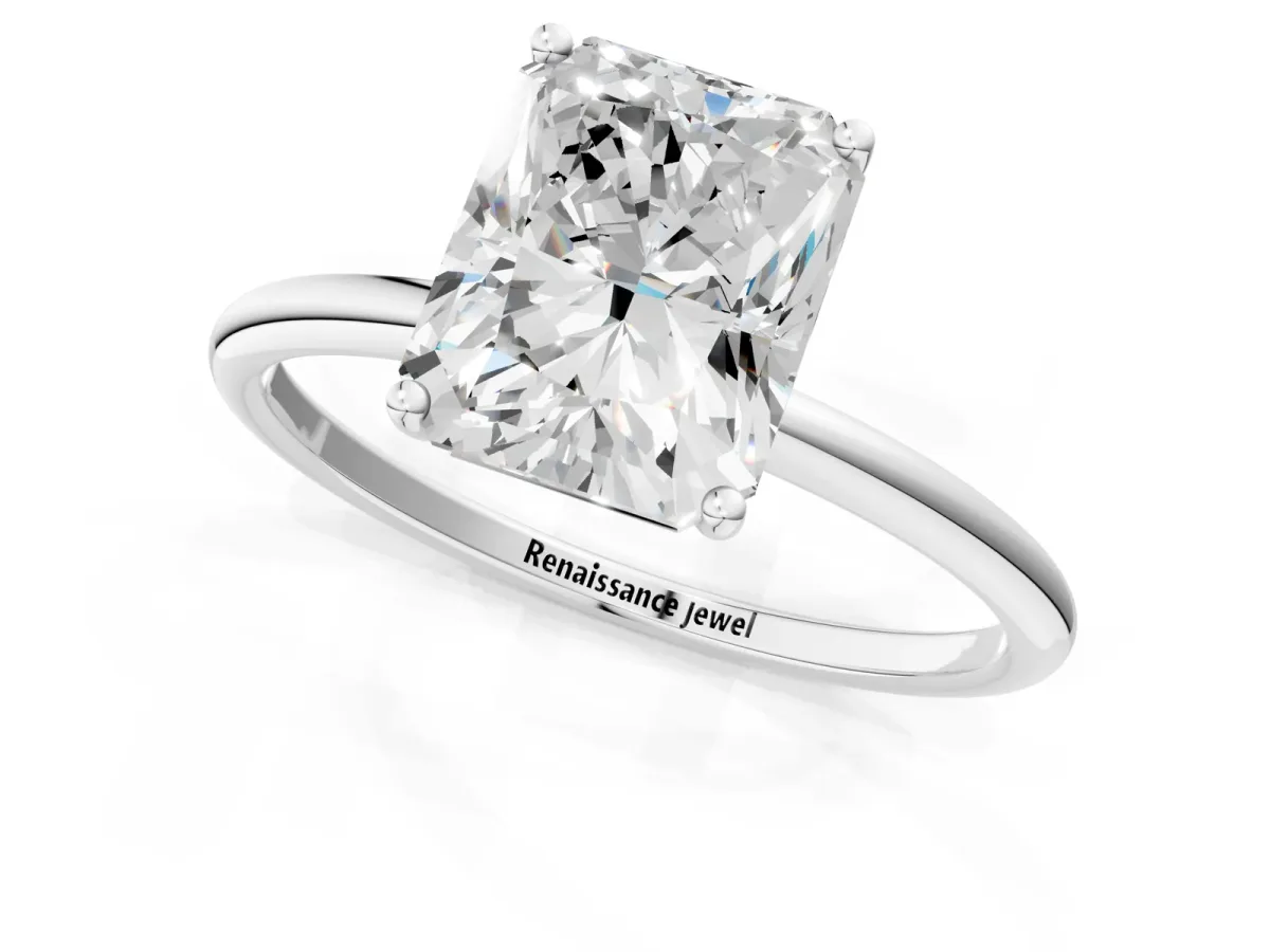 Radiant Cut Cut Solitaire Engagement Ring with Thin Band and Four-Prong Setting Platinum