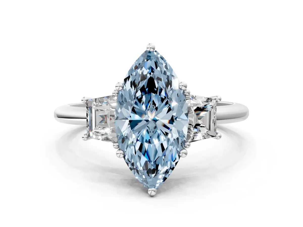 Fancy Blue Marquise Cut Diamond Three-Stone Ring with Trapezoid Side Stones and Prong Setting Silver