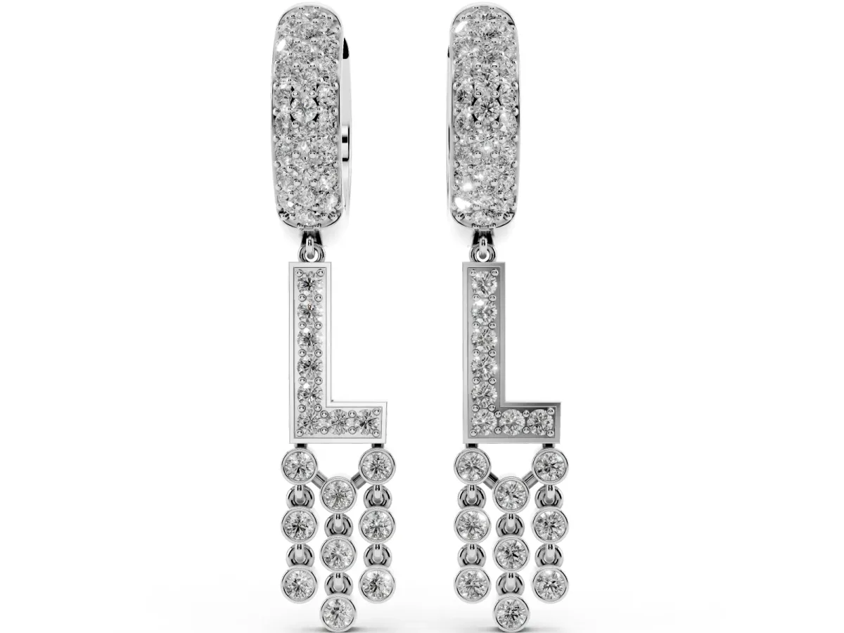 Round Diamond Initial L Huggie Hoop Earrings Platinum