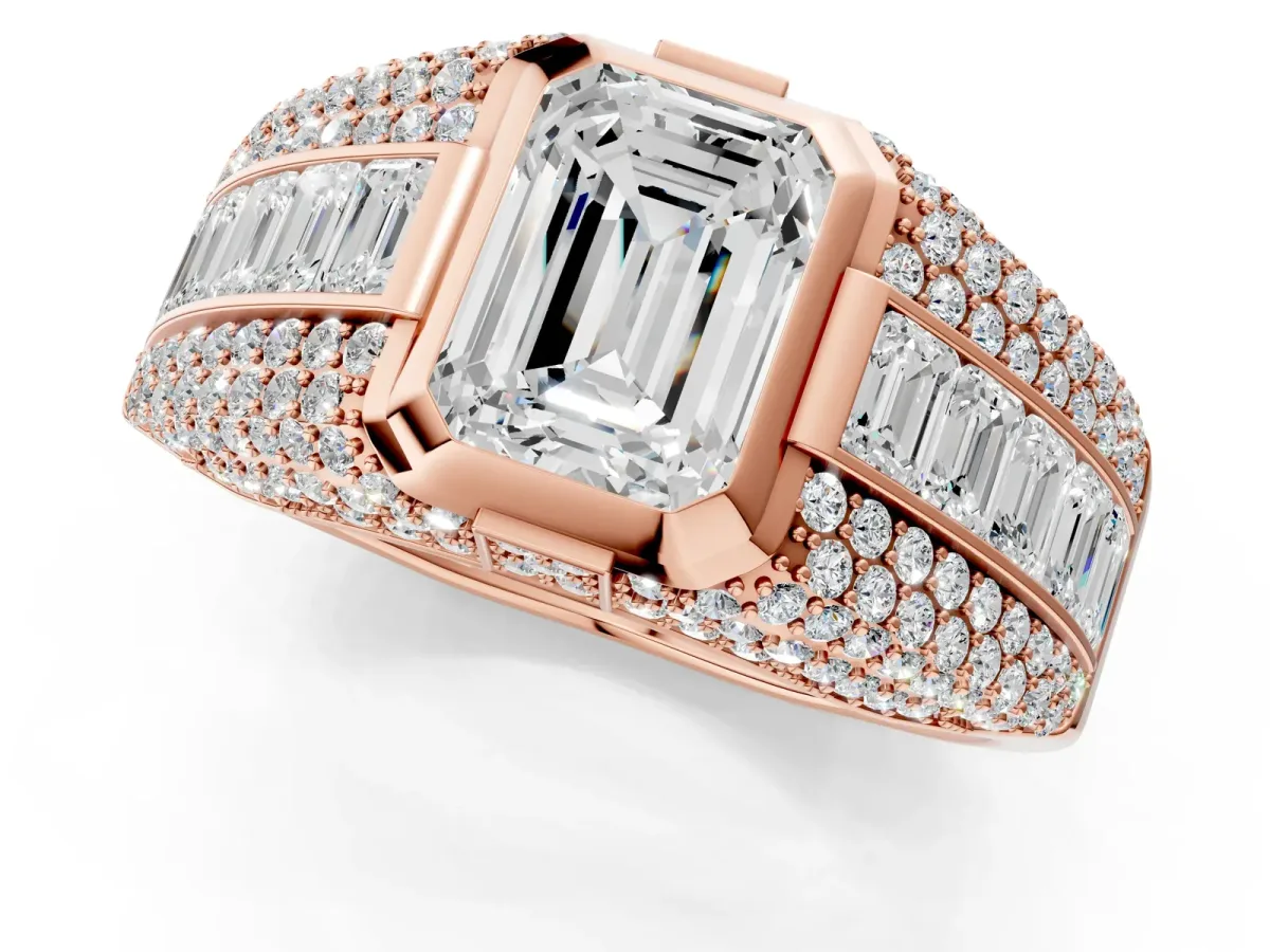 Emerald Cut Diamond Mens Ring with Side Stones Rose gold