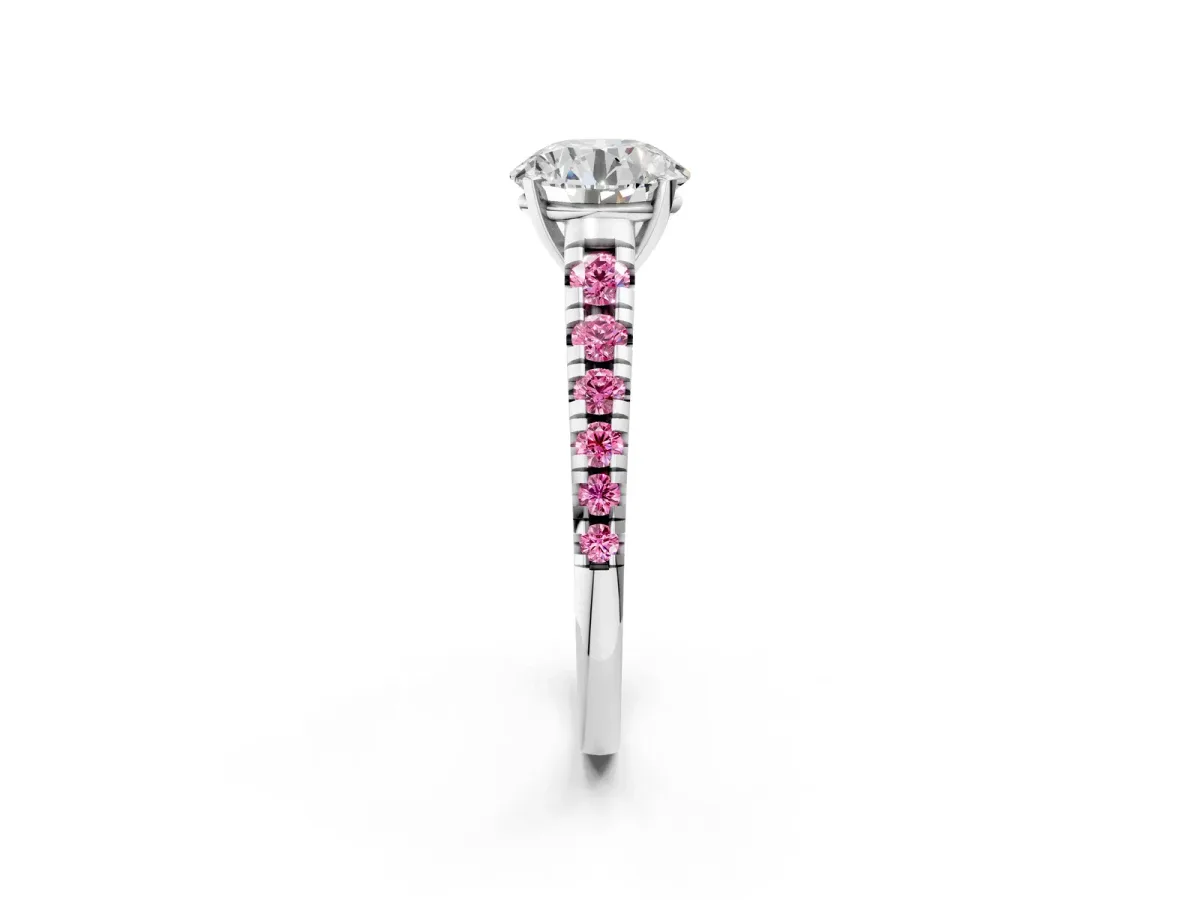 Round Cut Diamond Cathedral Solitaire Ring with Round Pink Sapphire Pavé Band Silver