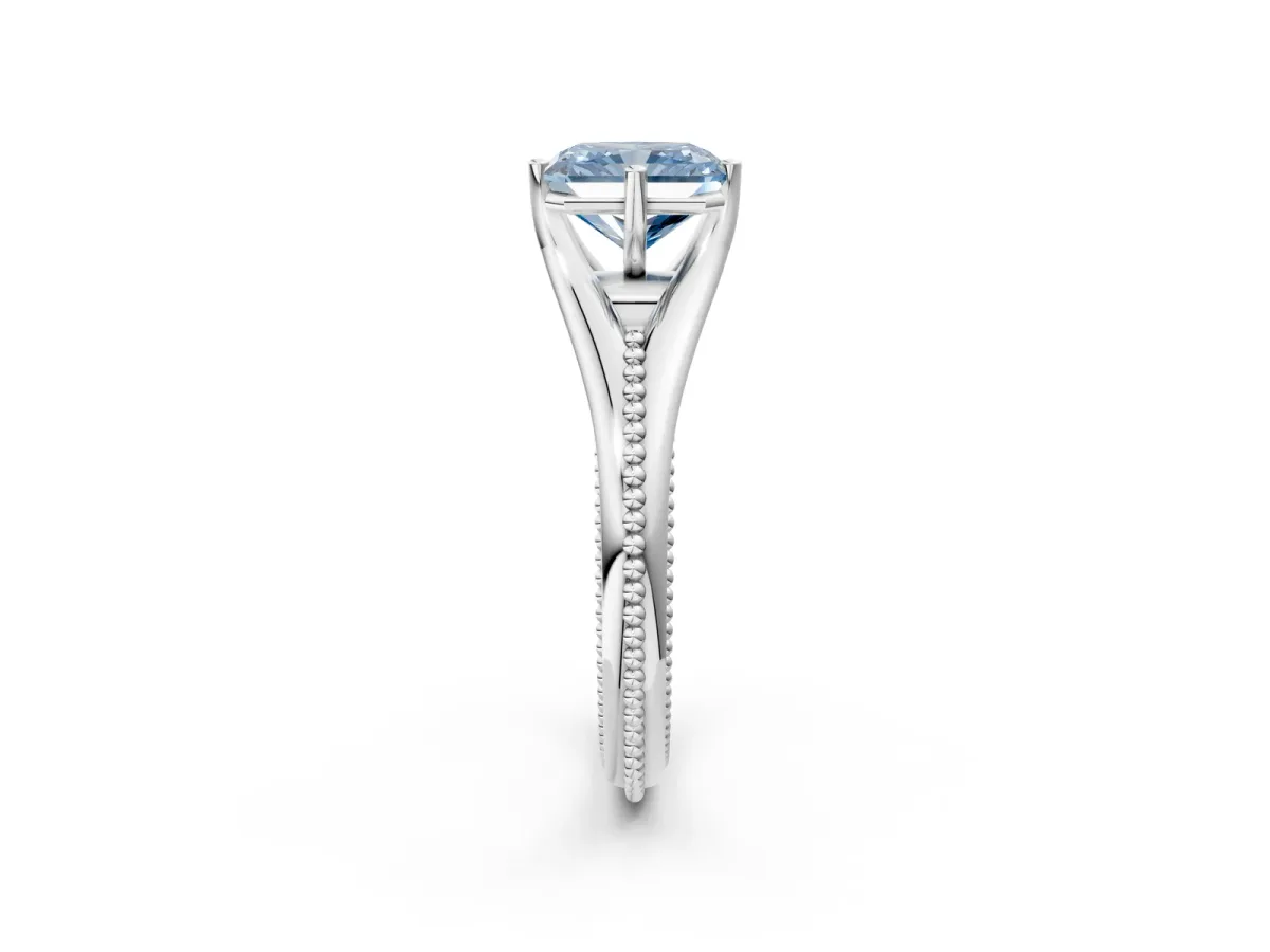 Fancy Blue Radiant Cut Solitaire Beaded Band Six-Prong Setting Platinum