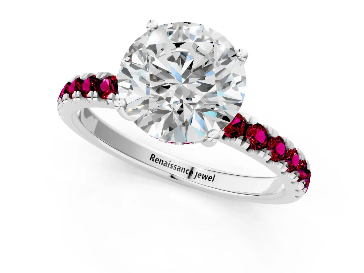 Round Cut Diamond Pave Band Solitaire Ring with Round Tanzanite and Prong Setting Platinum