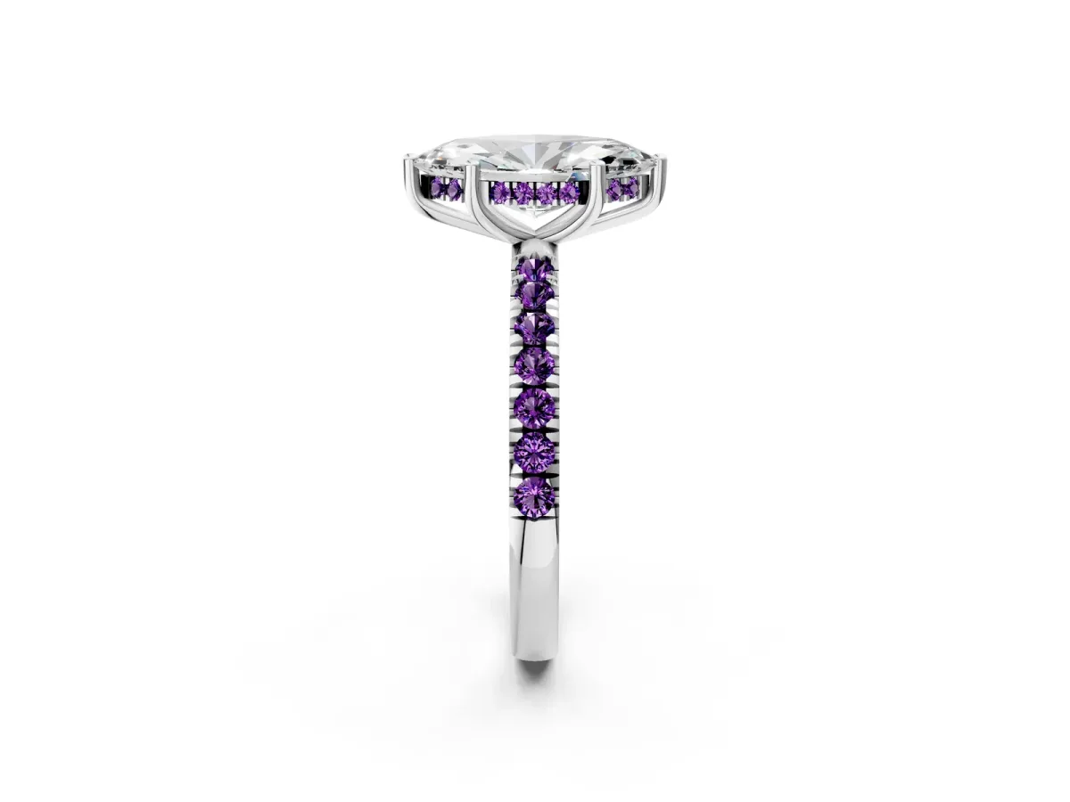 Marquise Cut Diamond Pave Band Solitaire Ring with Round Amethyst and Prong Setting Silver