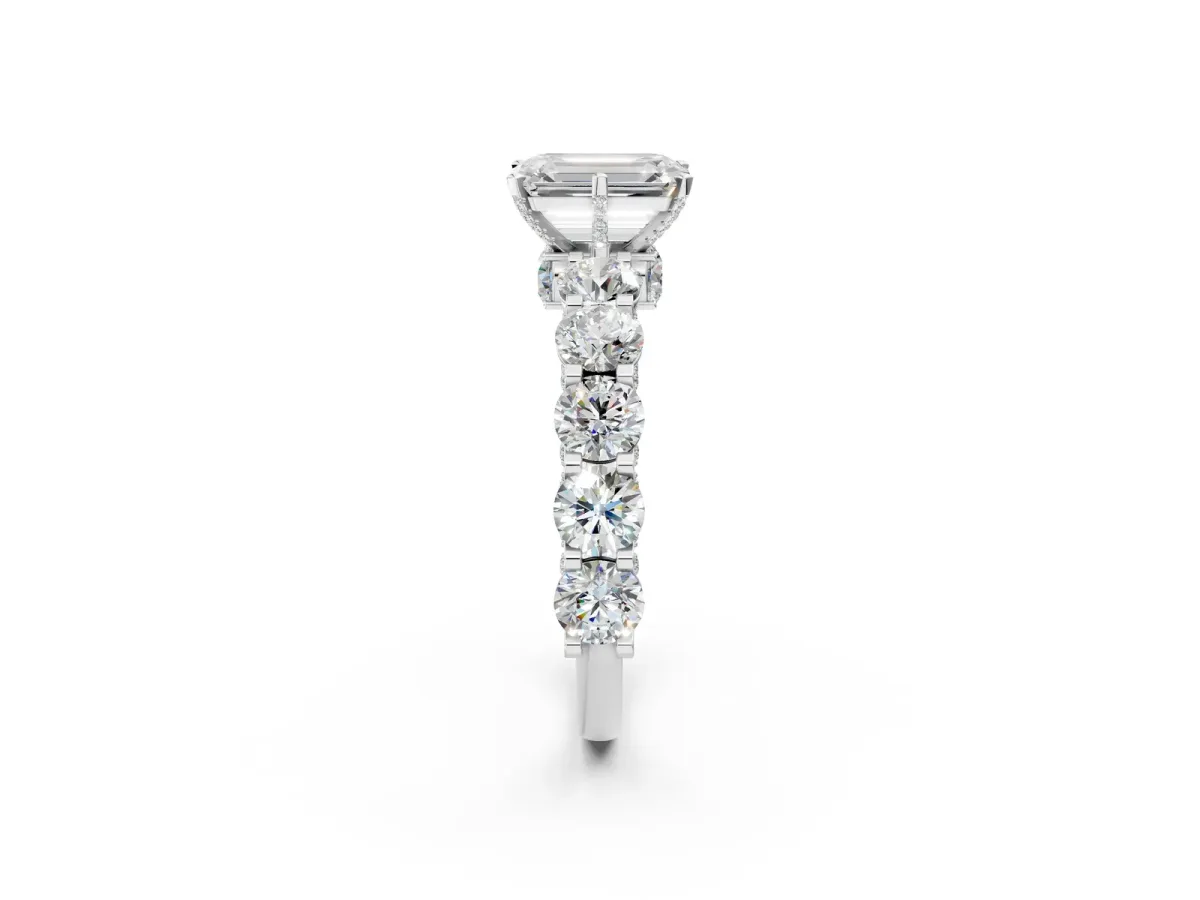 Emerald Cut Diamond Side Stone Engagement Ring with Four-Prong Setting White gold