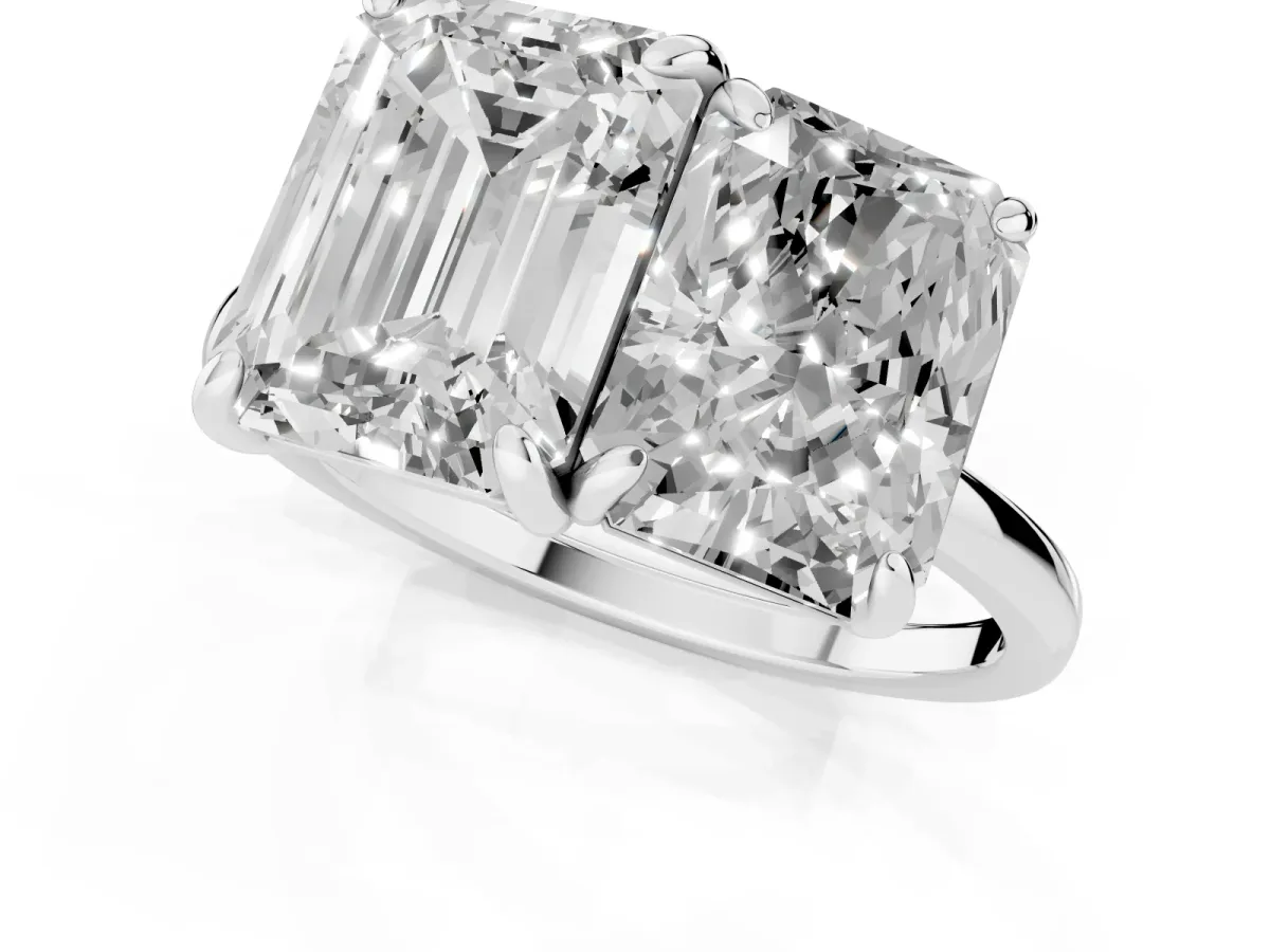 Emerald and Radiant Toi Moi Ring with Prong Setting and Plain Band Silver