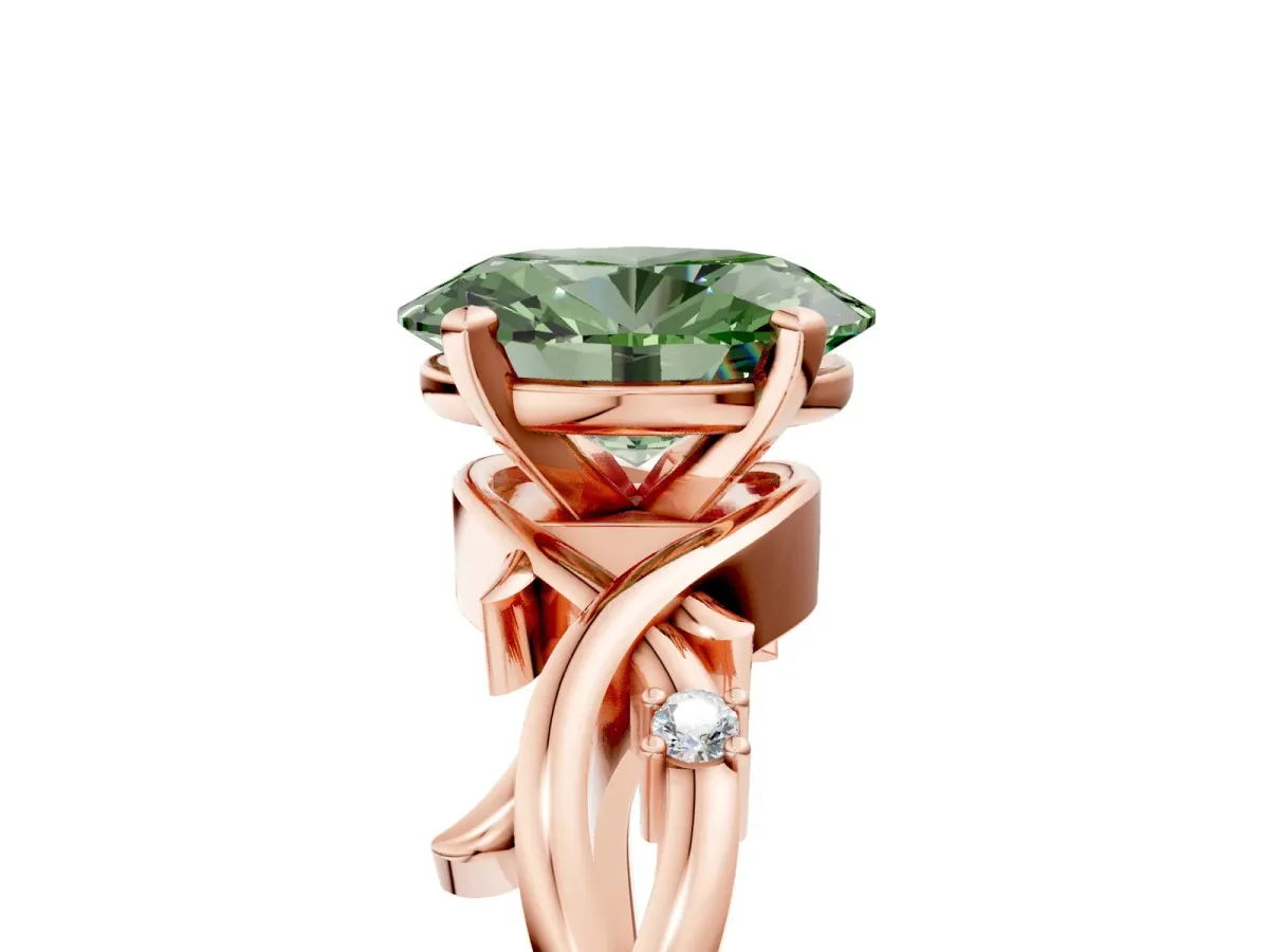 Fancy Green Oval Cut Diamond Solitaire Ring with Twisted Band and Prong Setting Rose gold