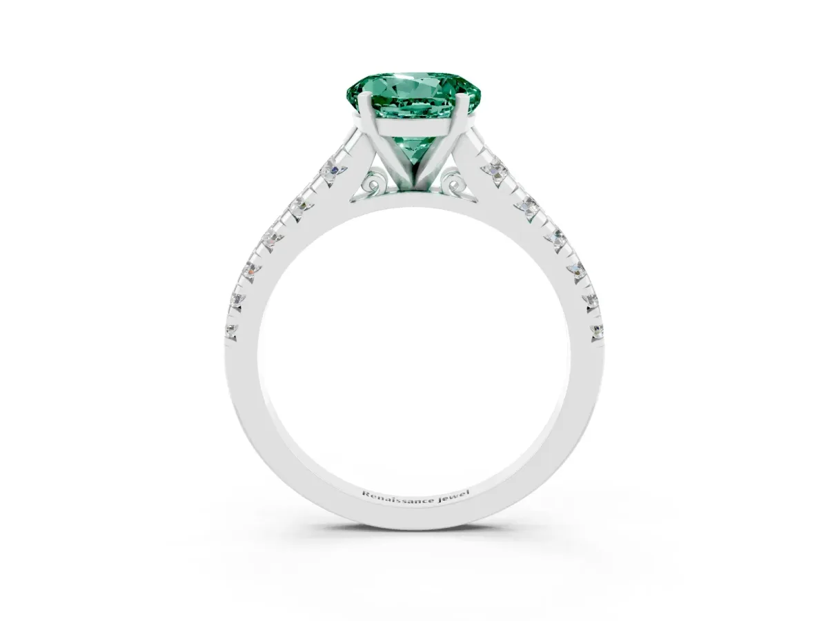 Round Cut Green Sapphire Cathedral Solitaire Ring with Round Pavé Band Silver
