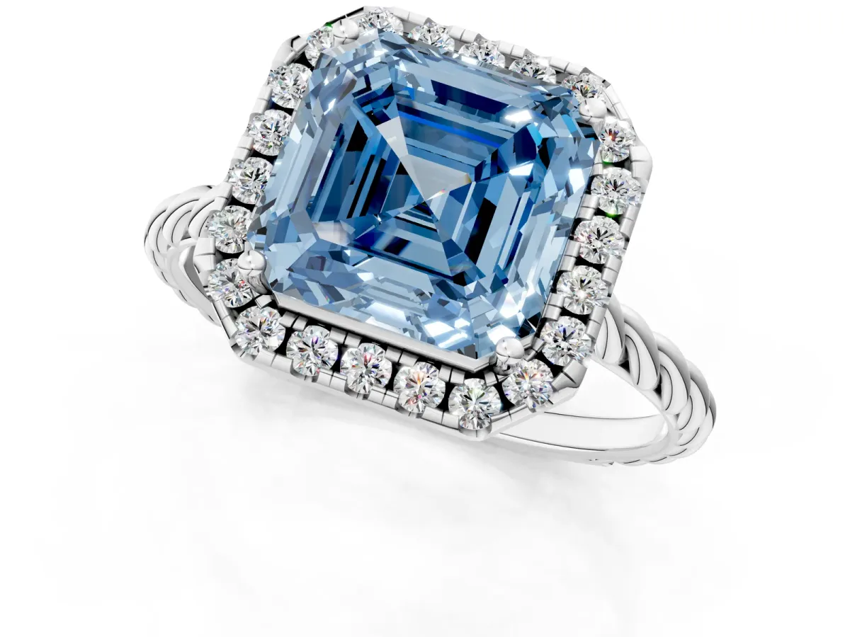 Fancy Blue Asscher Cut Halo Twisted Band Four-Prong Diamond Ring Platinum
