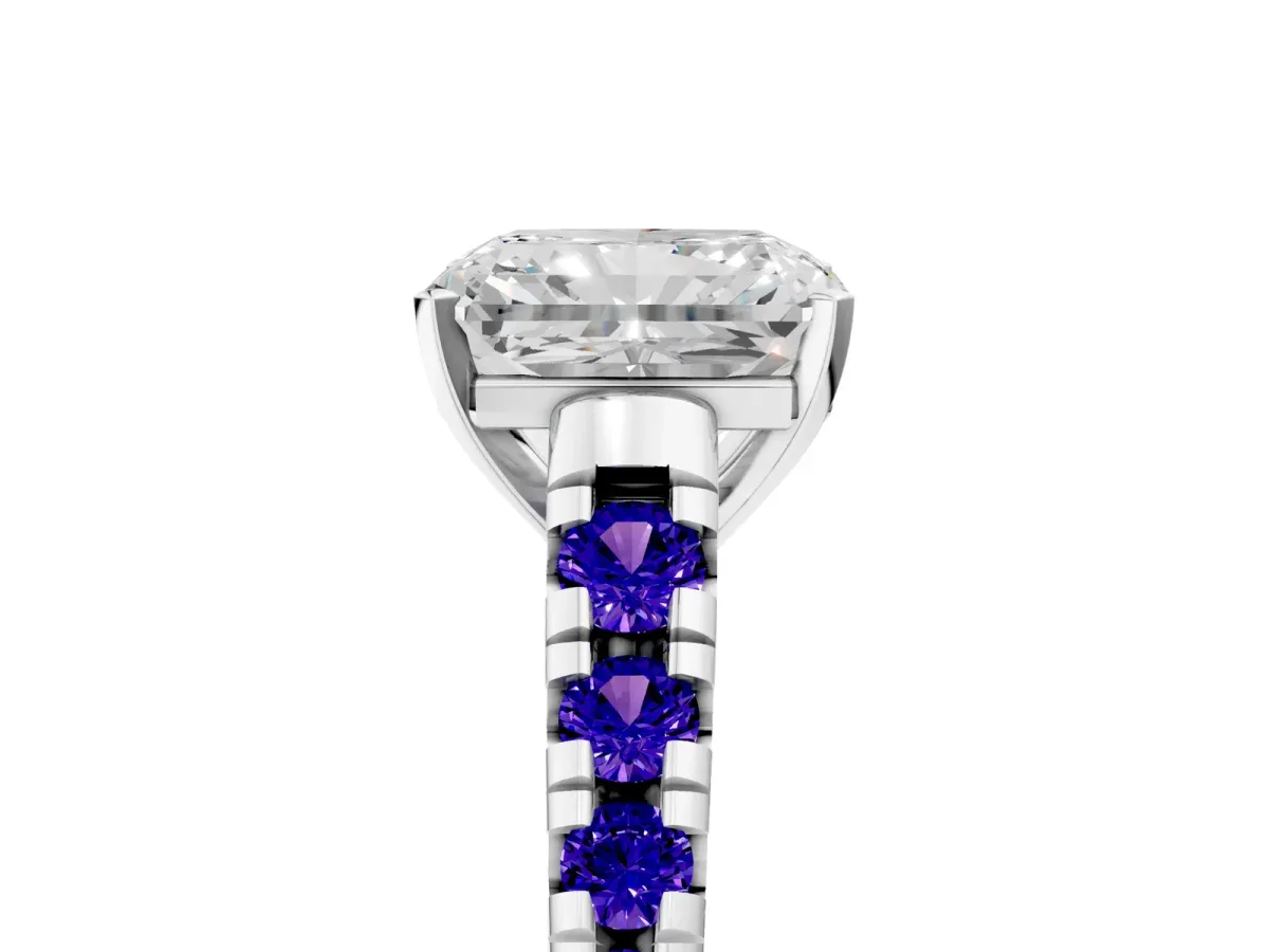 Radiant Cut Diamond Cathedral Solitaire Ring with Round Tanzanite Pavé Band Silver