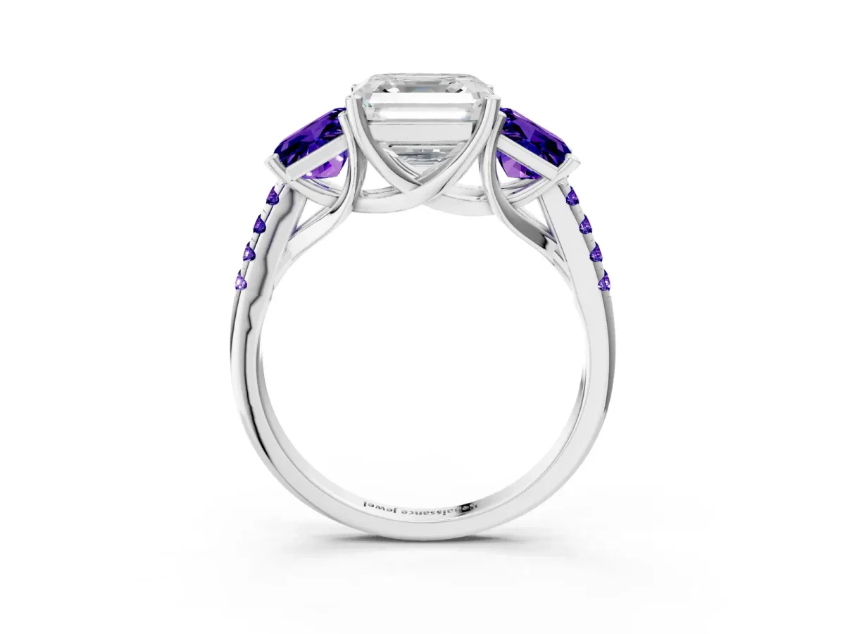 Three-Stone Asscher Cut Diamond Ring with Round Tanzanite Pavé Band and Prong Setting Silver