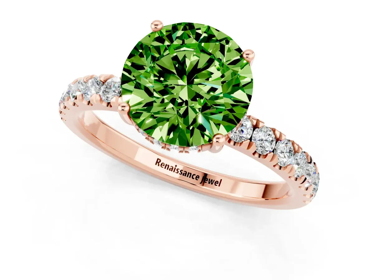 Round Cut Peridot Pave Band Solitaire Ring with Round and Prong Setting Rose gold