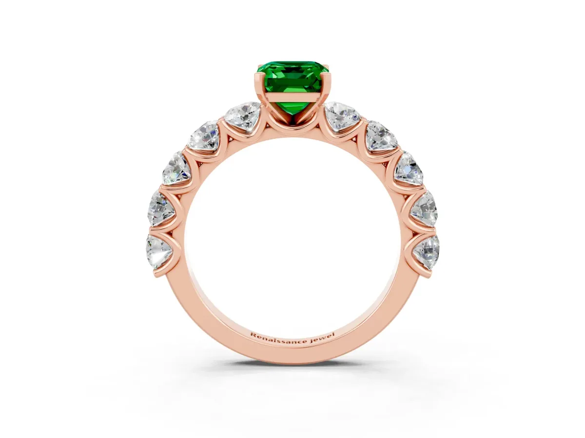 Emerald Cut Emerald Prong Setting with Side Stones on a Pave Band Rose gold