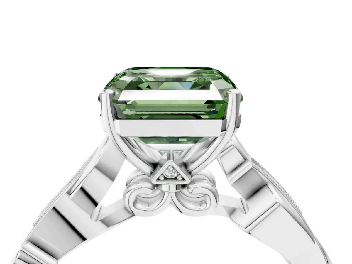 Fancy Green Asscher Cut Solitaire Vine Band with Milgrain Prong Setting Platinum