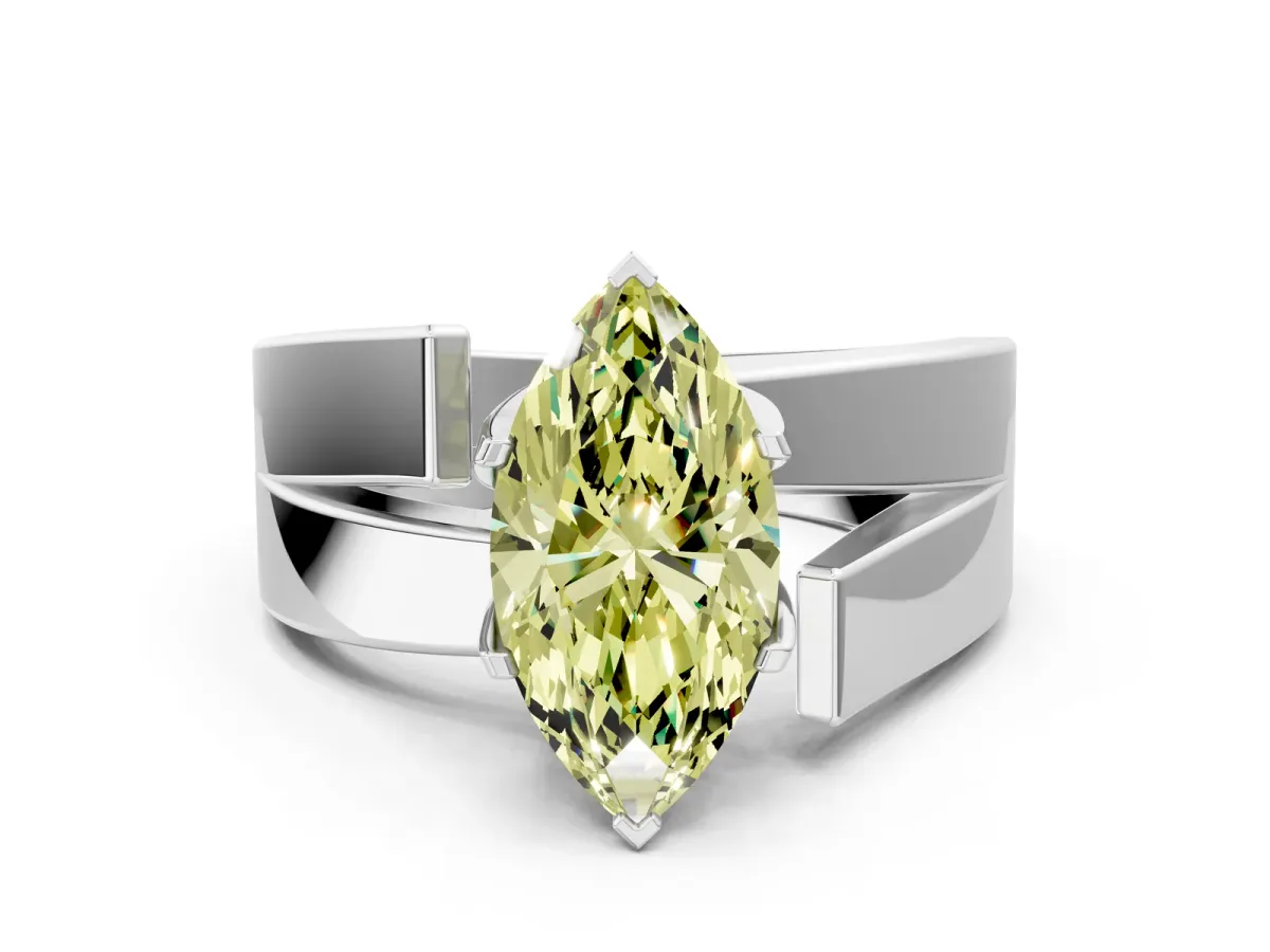 Fancy Yellow Modern Tension Set Marquise Cut Diamond Solitaire Wide Band Ring Silver