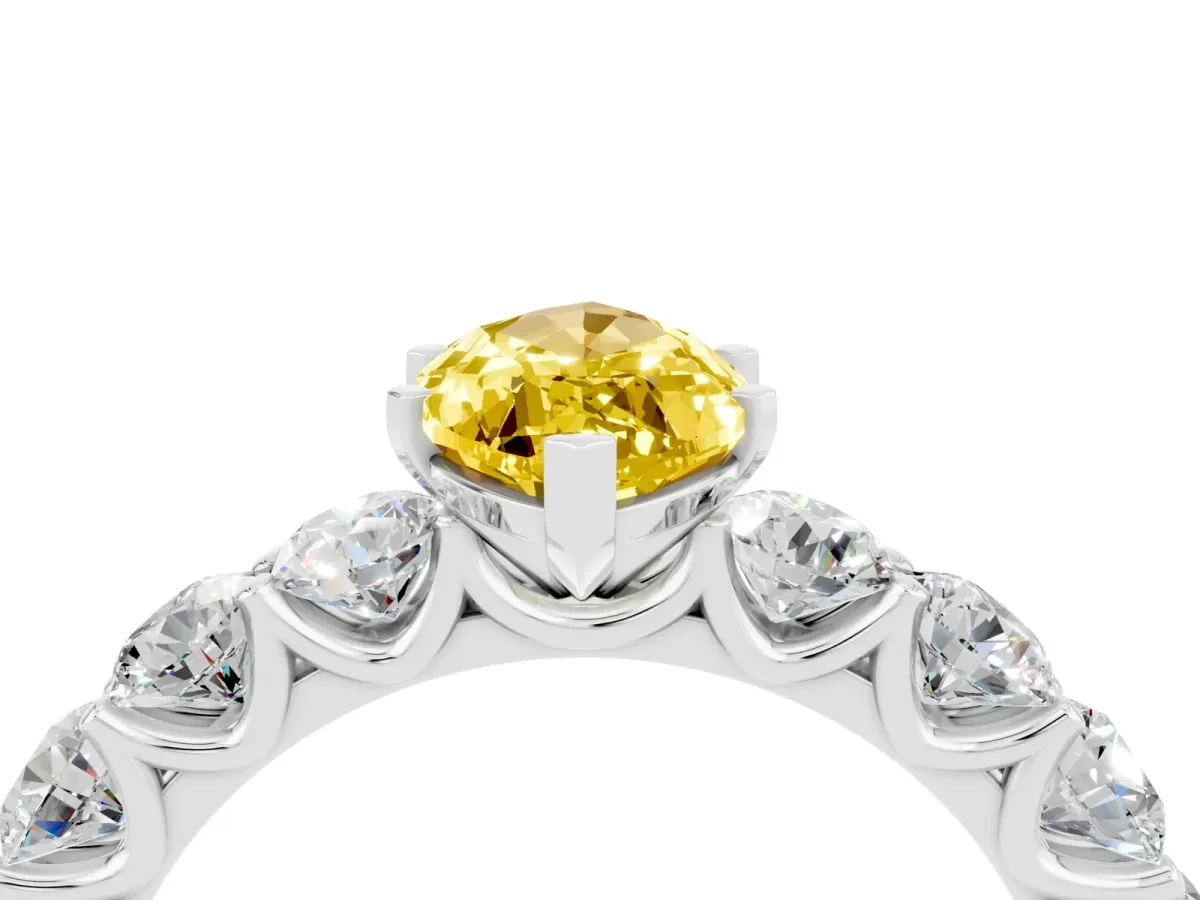 Marquise Cut Yellow Sapphire Prong Setting with Side Stones on a Pave Band Silver