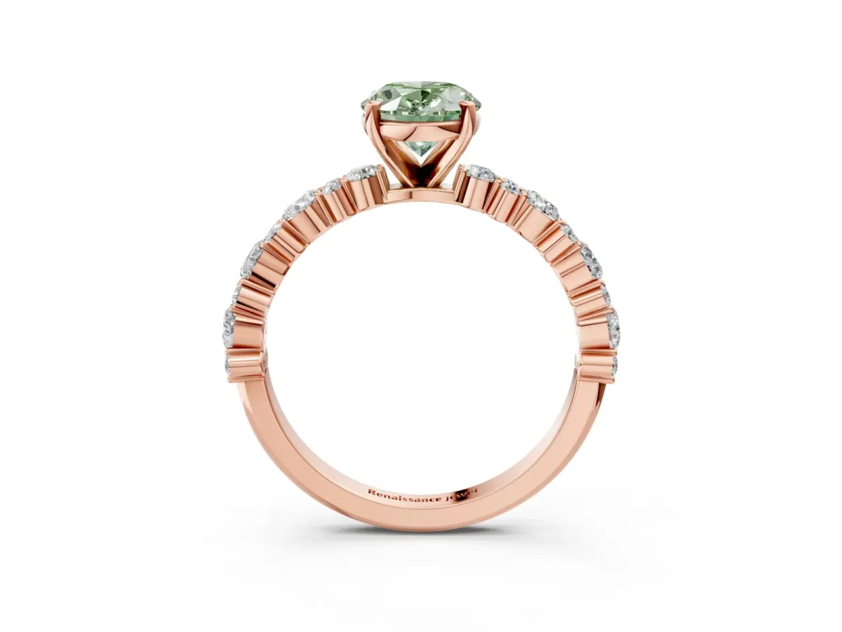 Fancy Green Oval Cut Diamond Side Stone Solitaire Ring with Round and Four-Prong Setting Rose gold