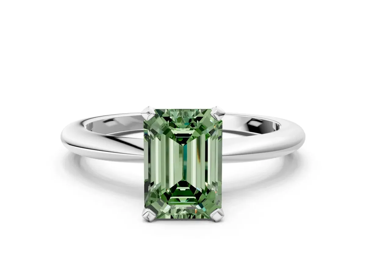 Fancy Green Emerald Cut Diamond Solitaire Ring with Six-Prong Setting and Classic Band Platinum