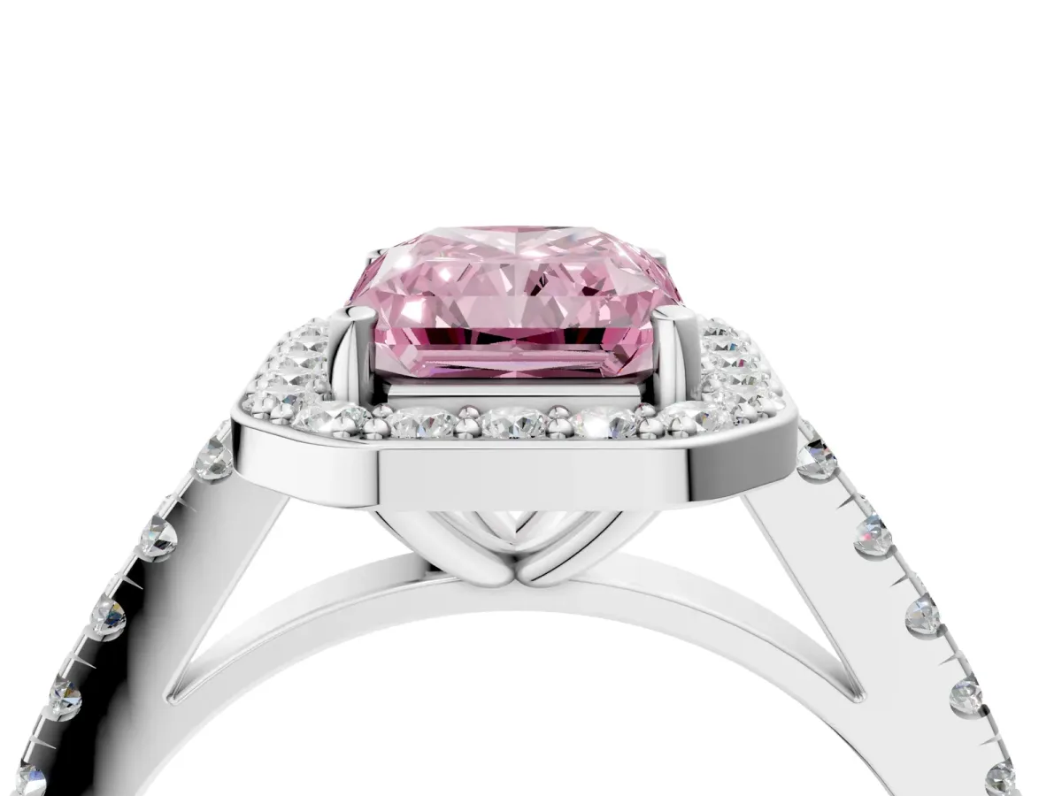Fancy Pink Radiant Cut Diamond Halo Ring with Round Pavé Split Shank and Prong Setting Platinum