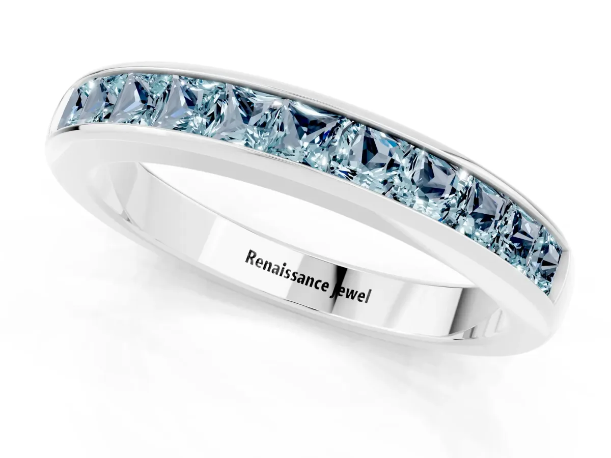 Channel Set Princess Cut Aquamarine Eternity Band Silver