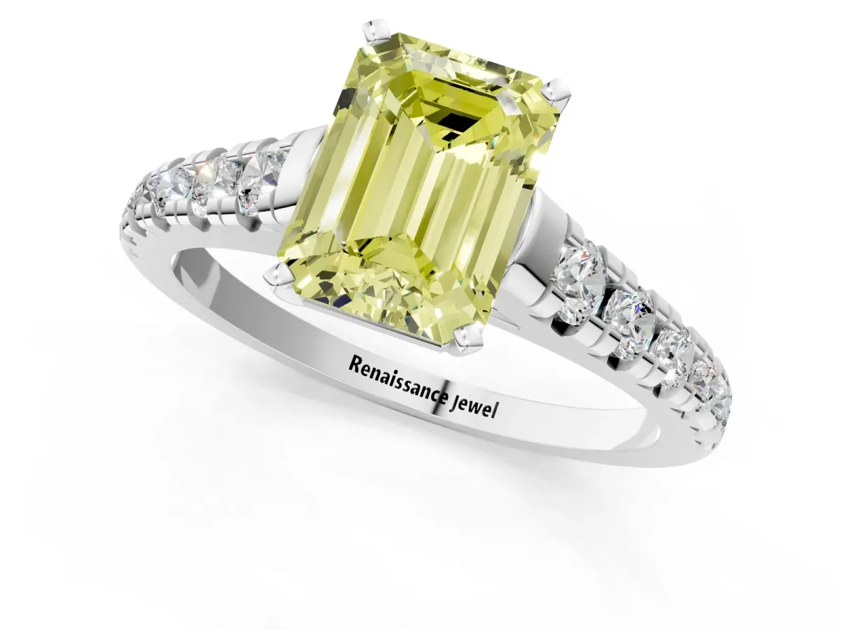 Fancy Yellow Emerald Cut Diamond Cathedral Solitaire Ring with Round Pavé Band Platinum
