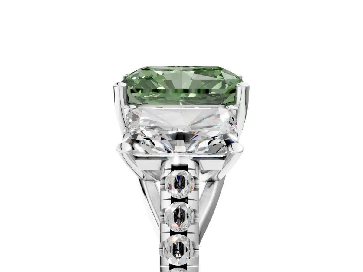 Fancy Green Three-Stone Radiant Cut Diamond Ring with Round Pavé Band and Prong Setting Silver