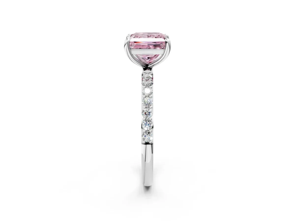 Fancy Pink Princess Cut Diamond Solitaire Ring with Round Pavé Band and Prong Setting Silver