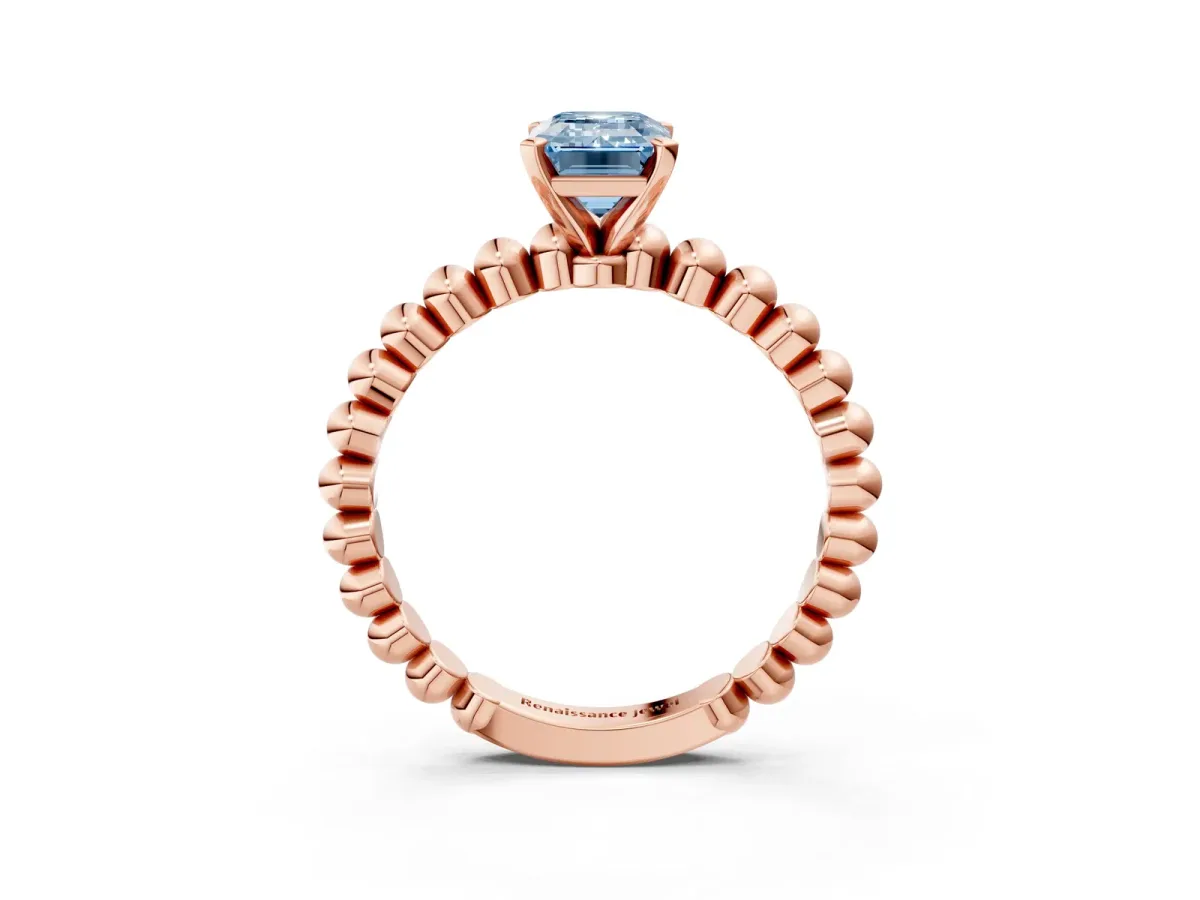 Fancy Blue Emerald Cut Diamond Solitaire Ring with Beaded Band and Prong Setting Rose gold