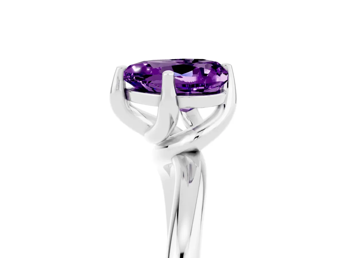 Heart Cut Amethyst Solitaire Engagement Ring with Four-Prong Setting and Classic Band Silver