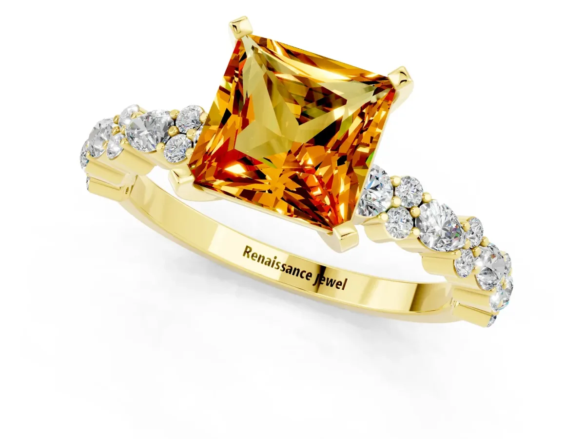 Princess Cut Citrine Side Stone Solitaire Ring with Round and Four-Prong Setting Yellow gold