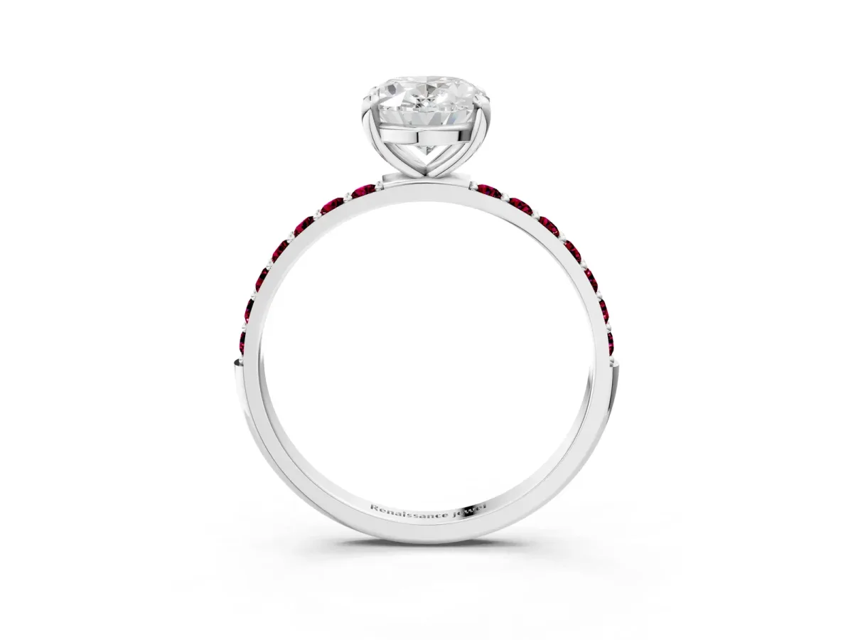 Oval Cut Diamond Solitaire Ring with Round Garnet Pavé Band and Prong Setting Silver