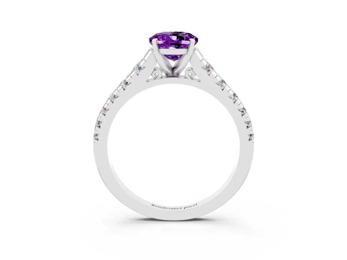 Oval Cut Amethyst Cathedral Solitaire Ring with Round Pavé Band Silver